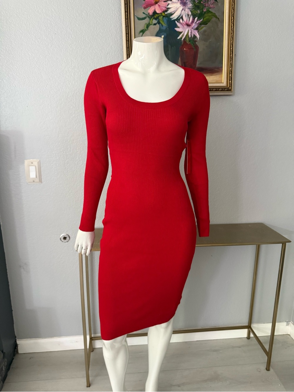 Almost Famous Red Ribbed Scoop-Neck Long Sleeve Dress
